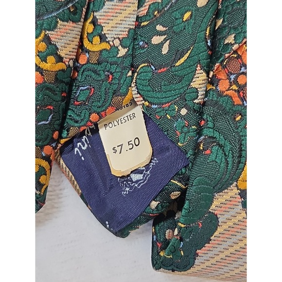 NEW! 1970s Mens Neckie VINTAGE Paisley Floral Green Orange Tapestry Oleg Cassini - Picture 6 of 12